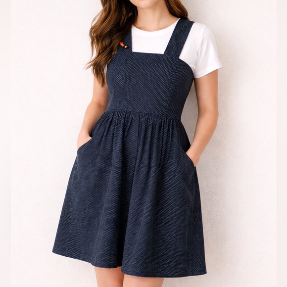 handmade Dresses & Skirts - Handmade Retro Cottagecore Navy Blue Caterpillar Pinafore Midi Dress L